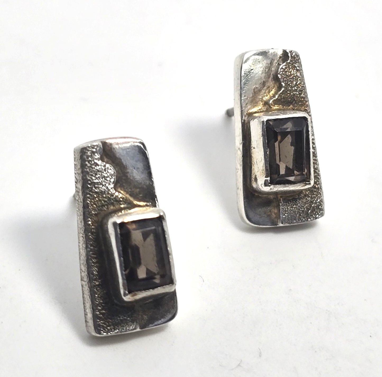 Smoky Quartz faceted abstract solid sterling silver vintage post earrings
