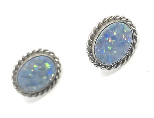 Carla Blue opal oval 12k white gold filled vintage signed stud earrings
