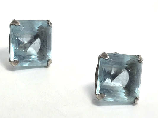 Blue Czech Paste Glass vintage large sterling silver screw back earrings