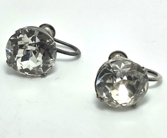 Clear large headlight Rhinestone Glass vintage sterling silver screw back earrings