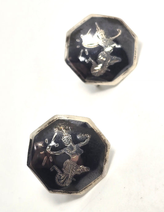 Siam Nielloware Goddess deity black enamel sterling silver screw back earrings