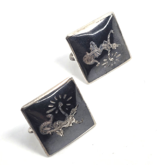 Siam Nielloware Goddess black enamel sterling silver square screw back earrings