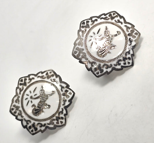 Siam Nielloware Goddess White enamel sterling silver ornate screw back earrings