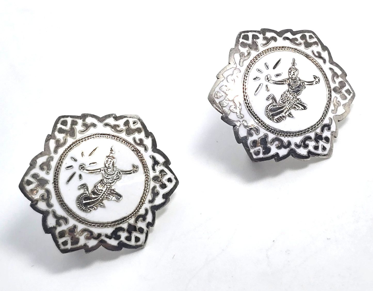 Siam Nielloware Goddess White enamel sterling silver ornate screw back earrings