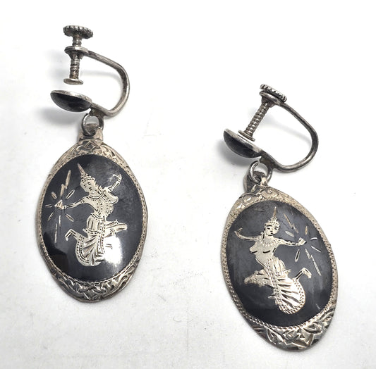 Siam Nielloware Goddess black enamel sterling silver drop screw back earrings