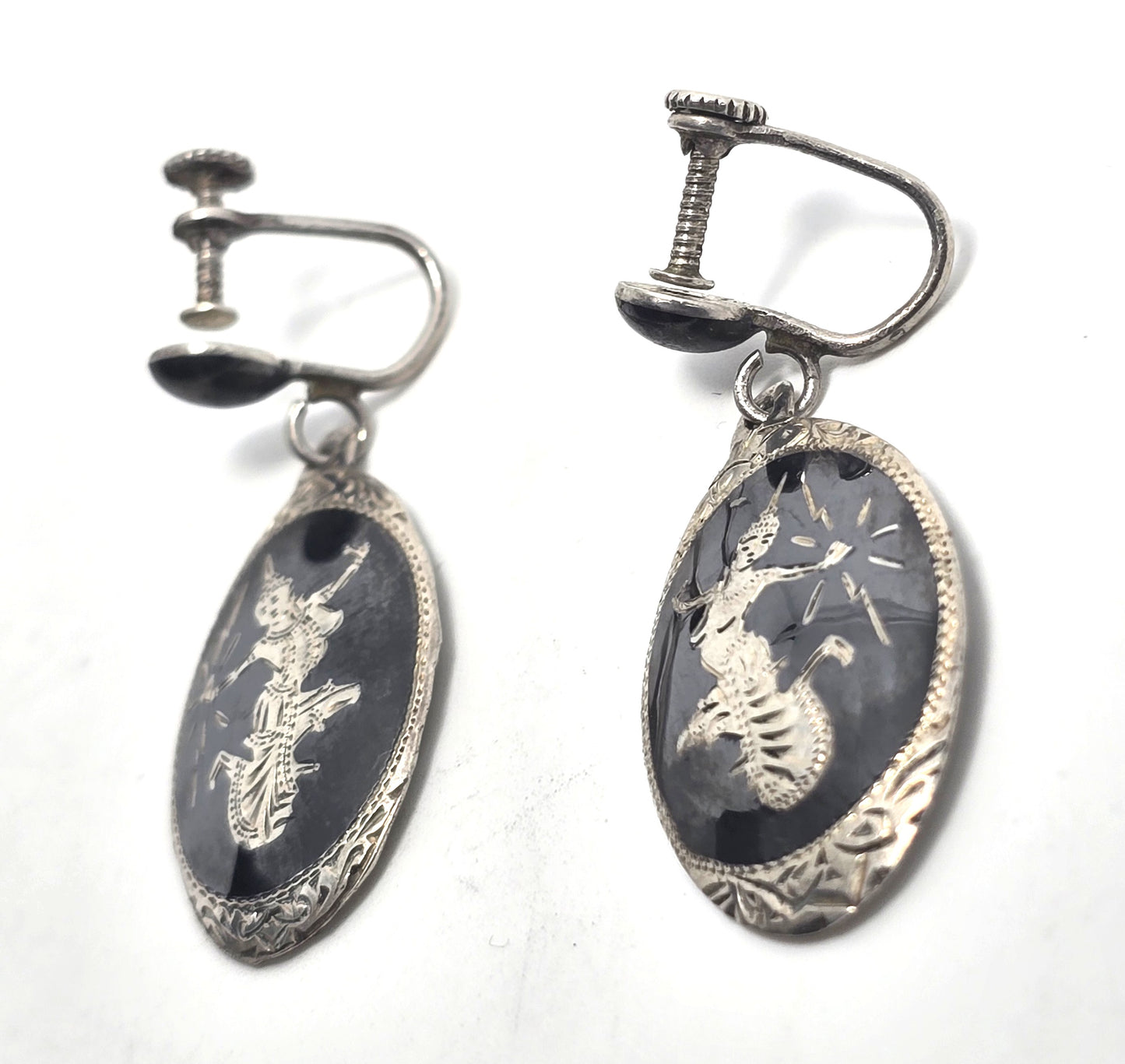 Siam Nielloware Goddess black enamel sterling silver drop screw back earrings