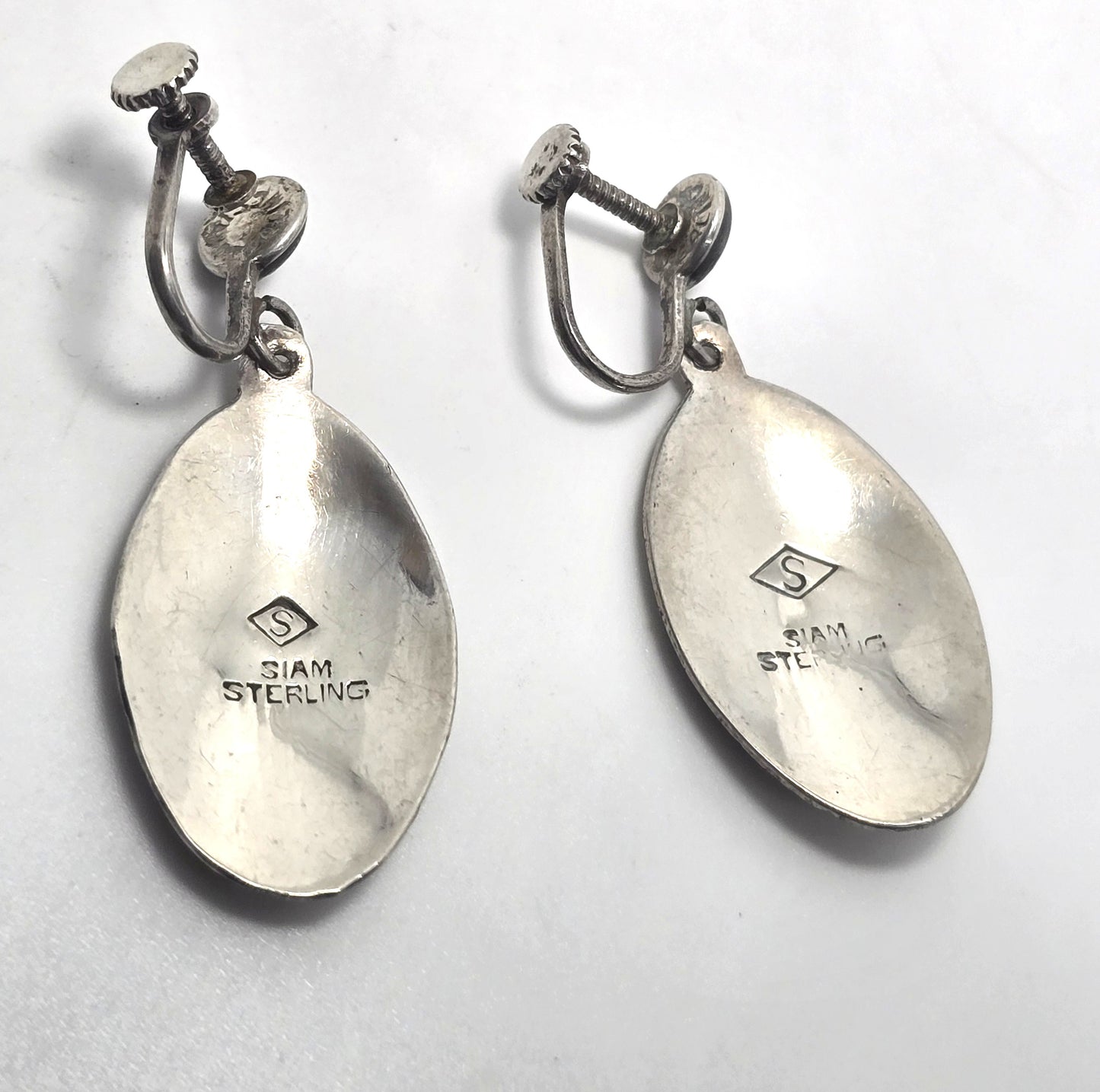 Siam Nielloware Goddess black enamel sterling silver drop screw back earrings