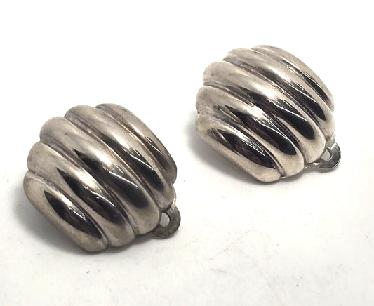 Domed ribbed shell vintage sterling silver plated clip on earrings