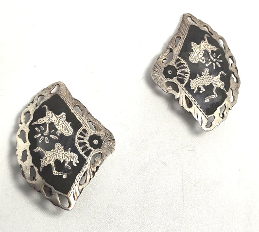 Siam Nielloware fan black enamel deity sterling silver vintage clip on earrings