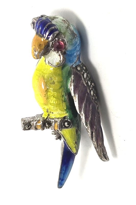 Alice Caviness Sterling Silver Enamel Marcasite parrot bird vintage Brooch Pin