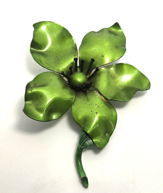 Green vintage Large retro enamel flower tin pin flower bouquet mid century brooch