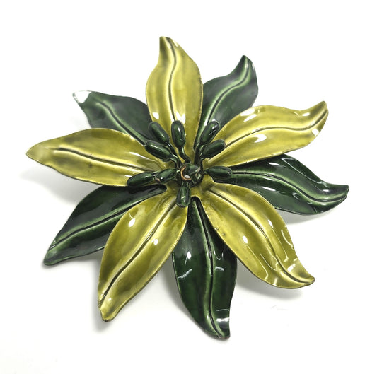 Green vintage Large retro enamel flower tin pin holiday Christmas mid century brooch