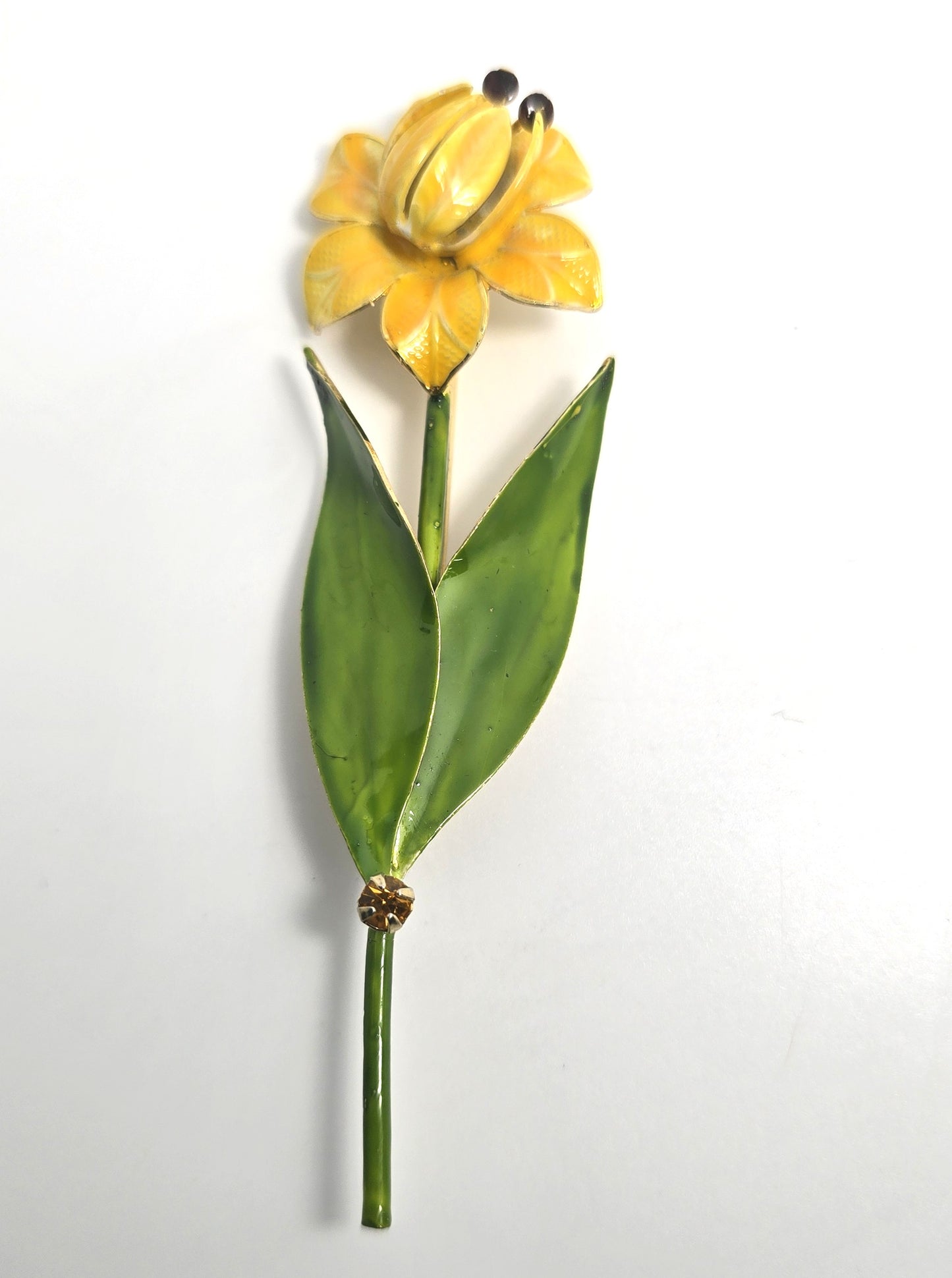 Original by Robert Yellow flower Green vintage enamel flower tin pin brooch