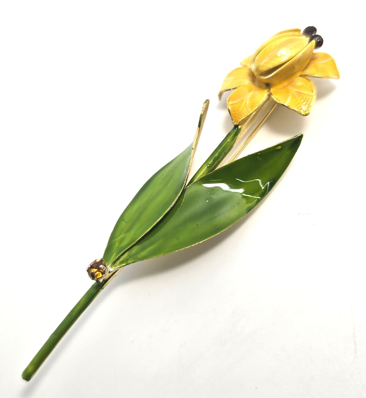 Original by Robert Yellow flower Green vintage enamel flower tin pin brooch