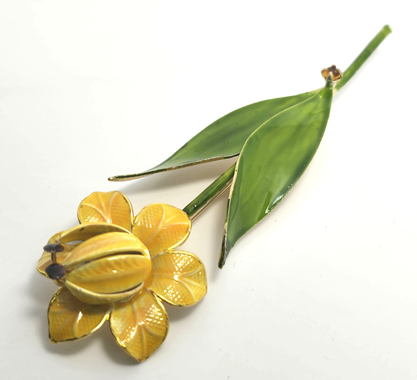 Original by Robert Yellow flower Green vintage enamel flower tin pin brooch