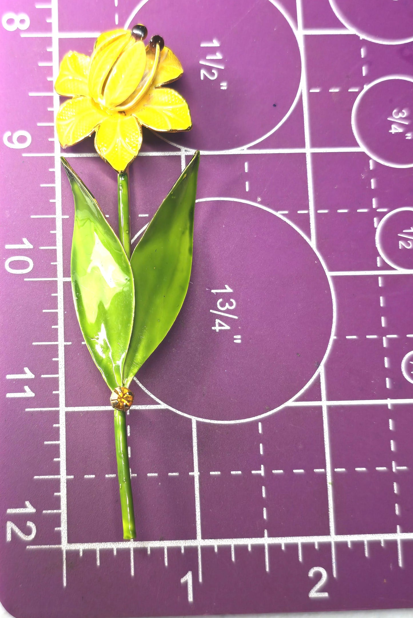 Original by Robert Yellow flower Green vintage enamel flower tin pin brooch