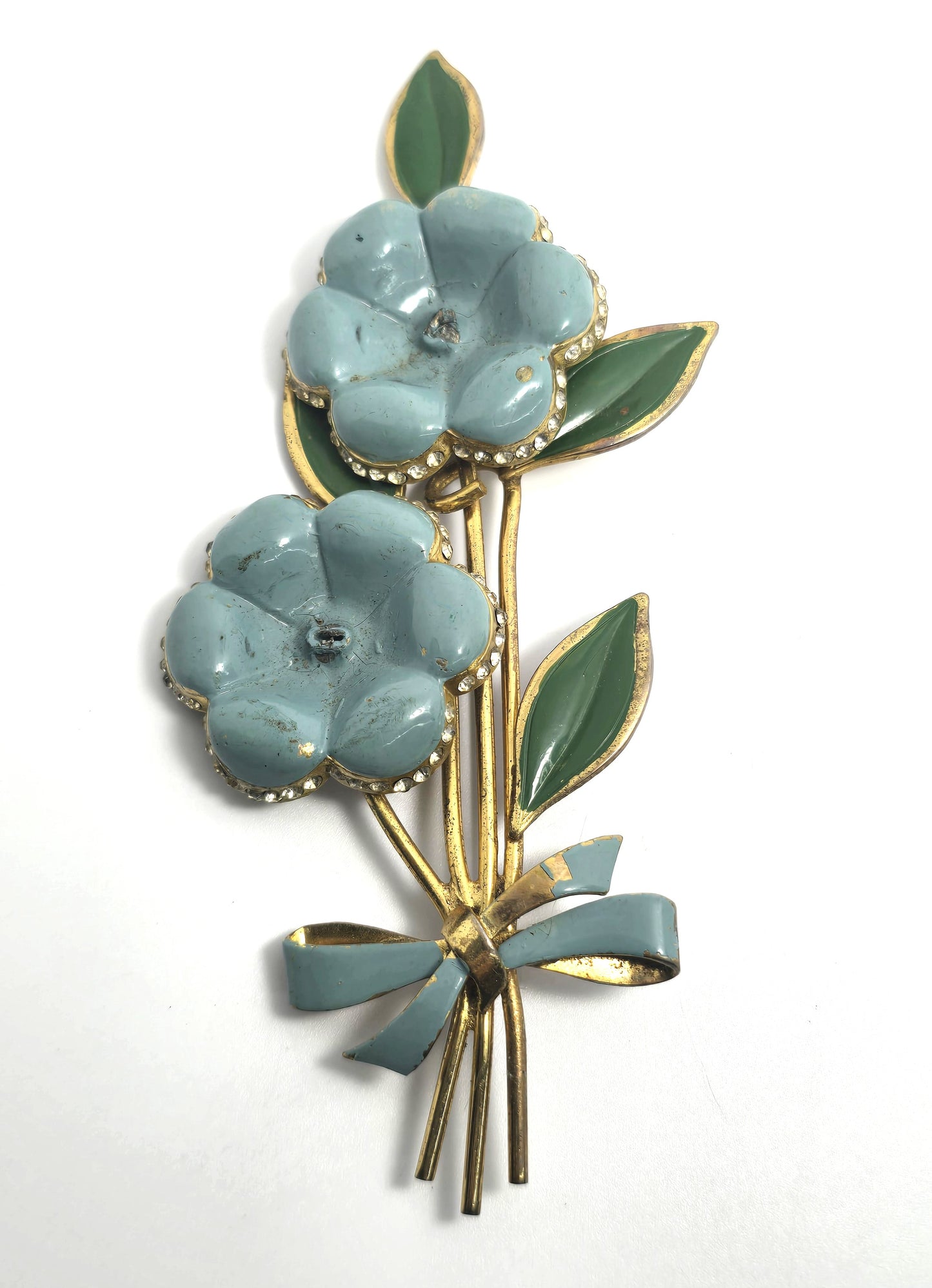 Art Deco Blue enamel rhinestone double flower tin pin antique brooch