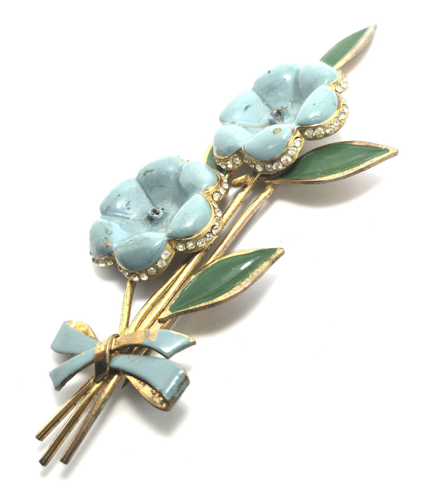 Art Deco Blue enamel rhinestone double flower tin pin antique brooch