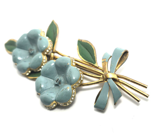 Art Deco Blue enamel rhinestone double flower tin pin antique brooch