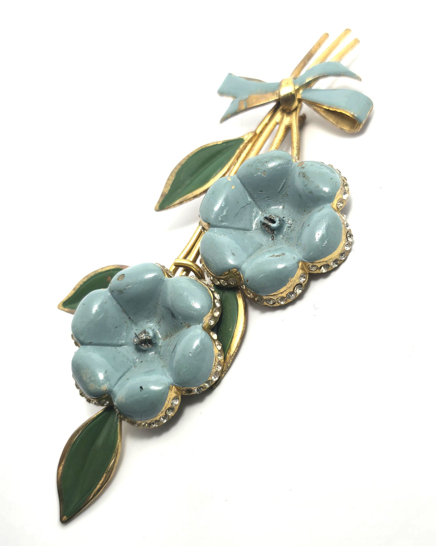 Art Deco Blue enamel rhinestone double flower tin pin antique brooch