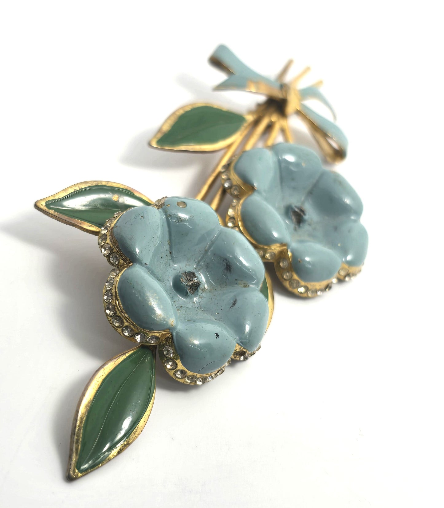 Art Deco Blue enamel rhinestone double flower tin pin antique brooch