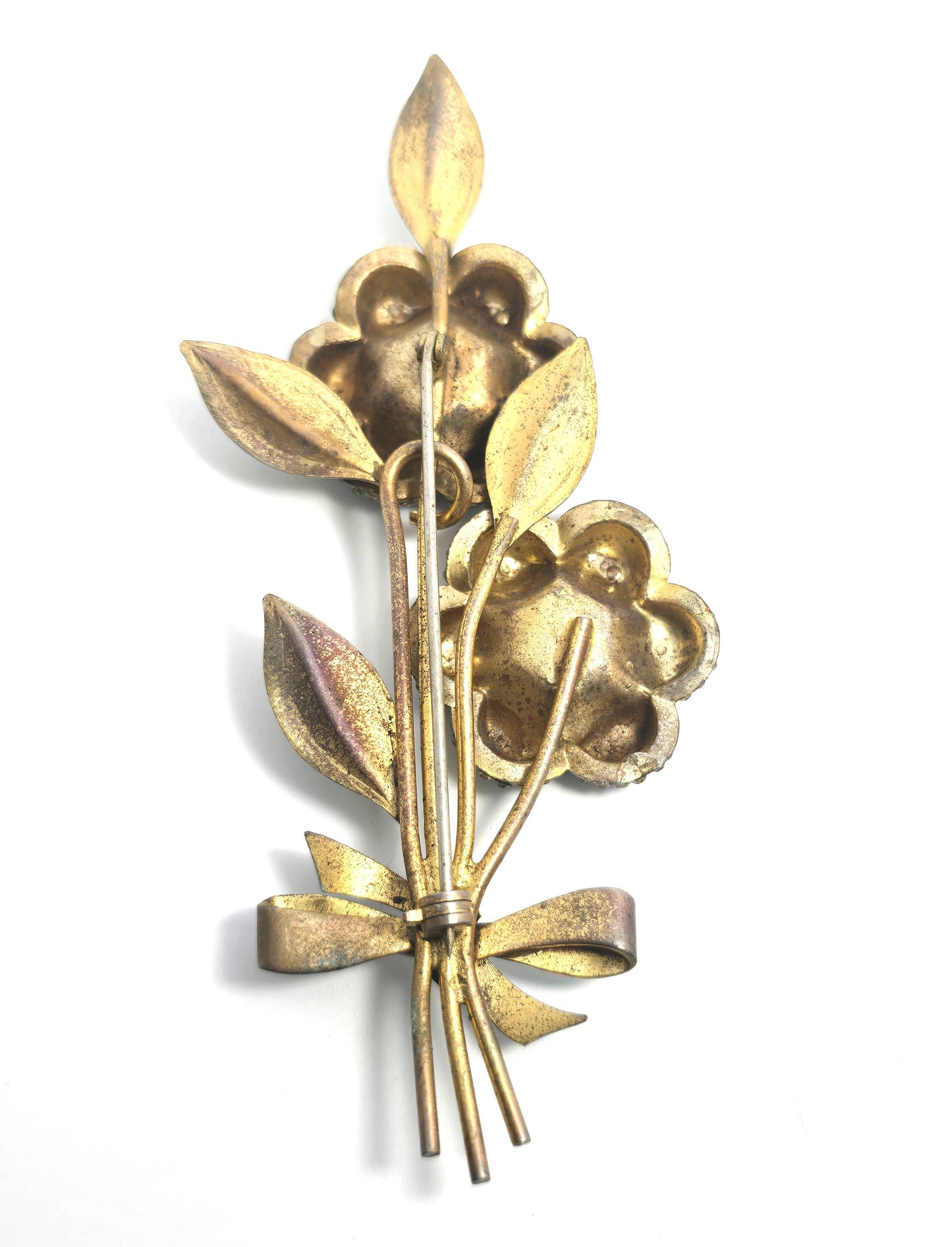 Art Deco Blue enamel rhinestone double flower tin pin antique brooch