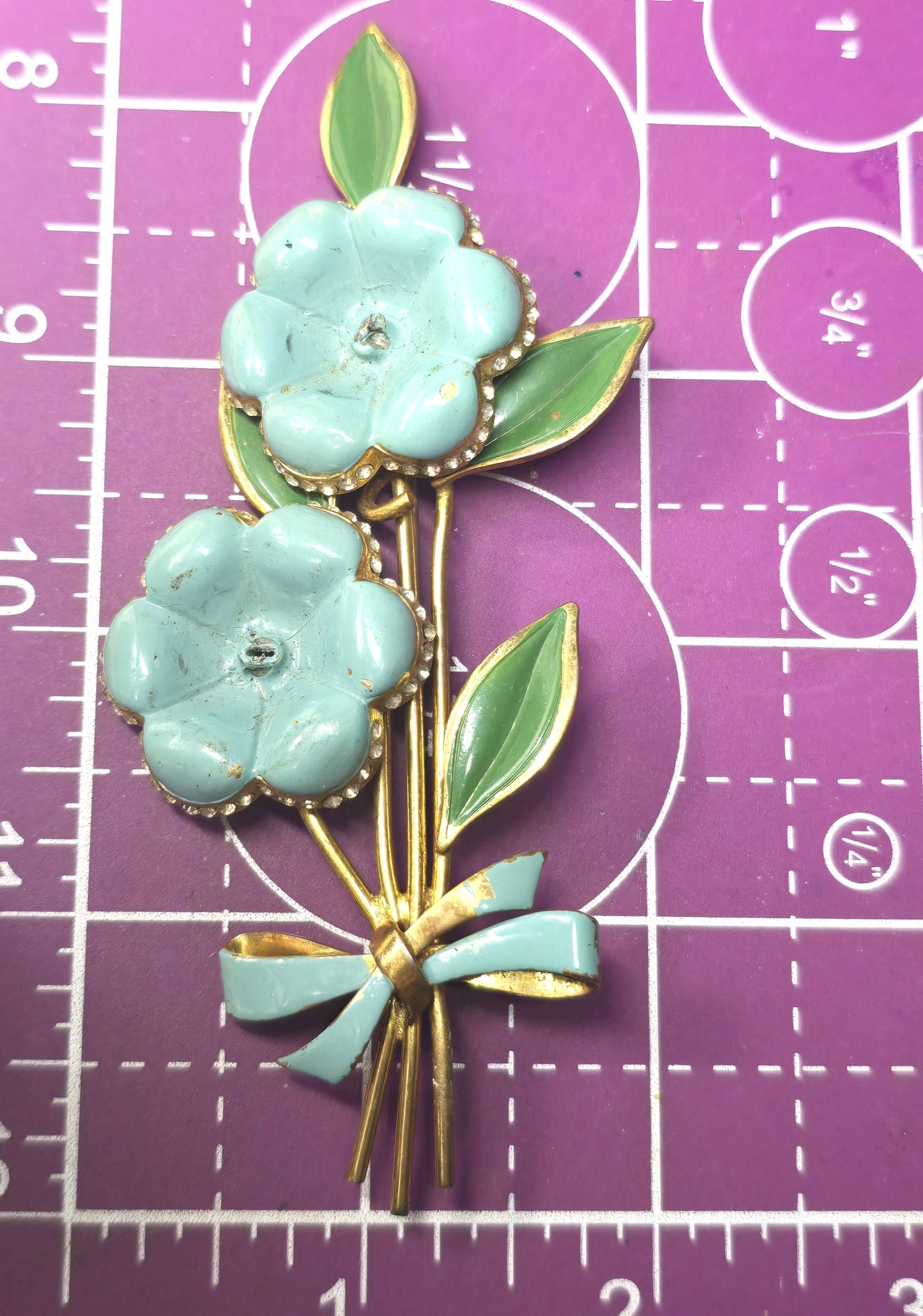 Art Deco Blue enamel rhinestone double flower tin pin antique brooch