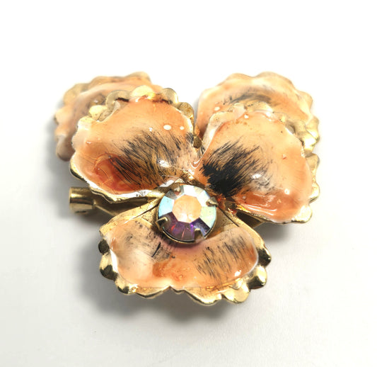 Pansy orange  peach aurora borealis AB rhinestone tin enamel vintage brooch
