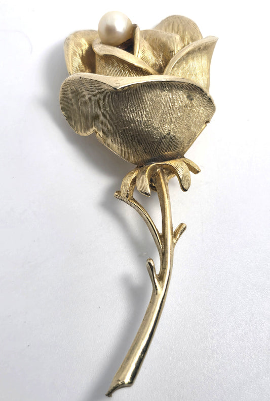 Capri faux pearl long stem rose gold toned vintage signed flower brooch