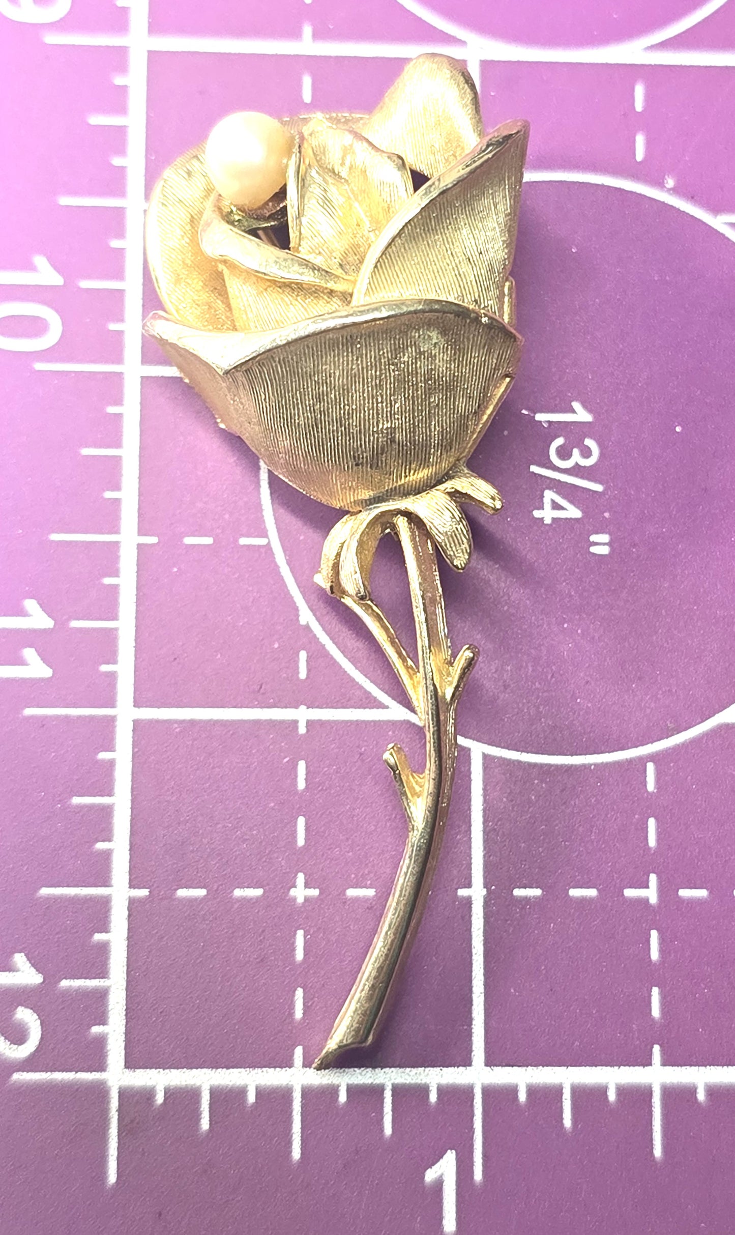 Capri faux pearl long stem rose gold toned vintage signed flower brooch