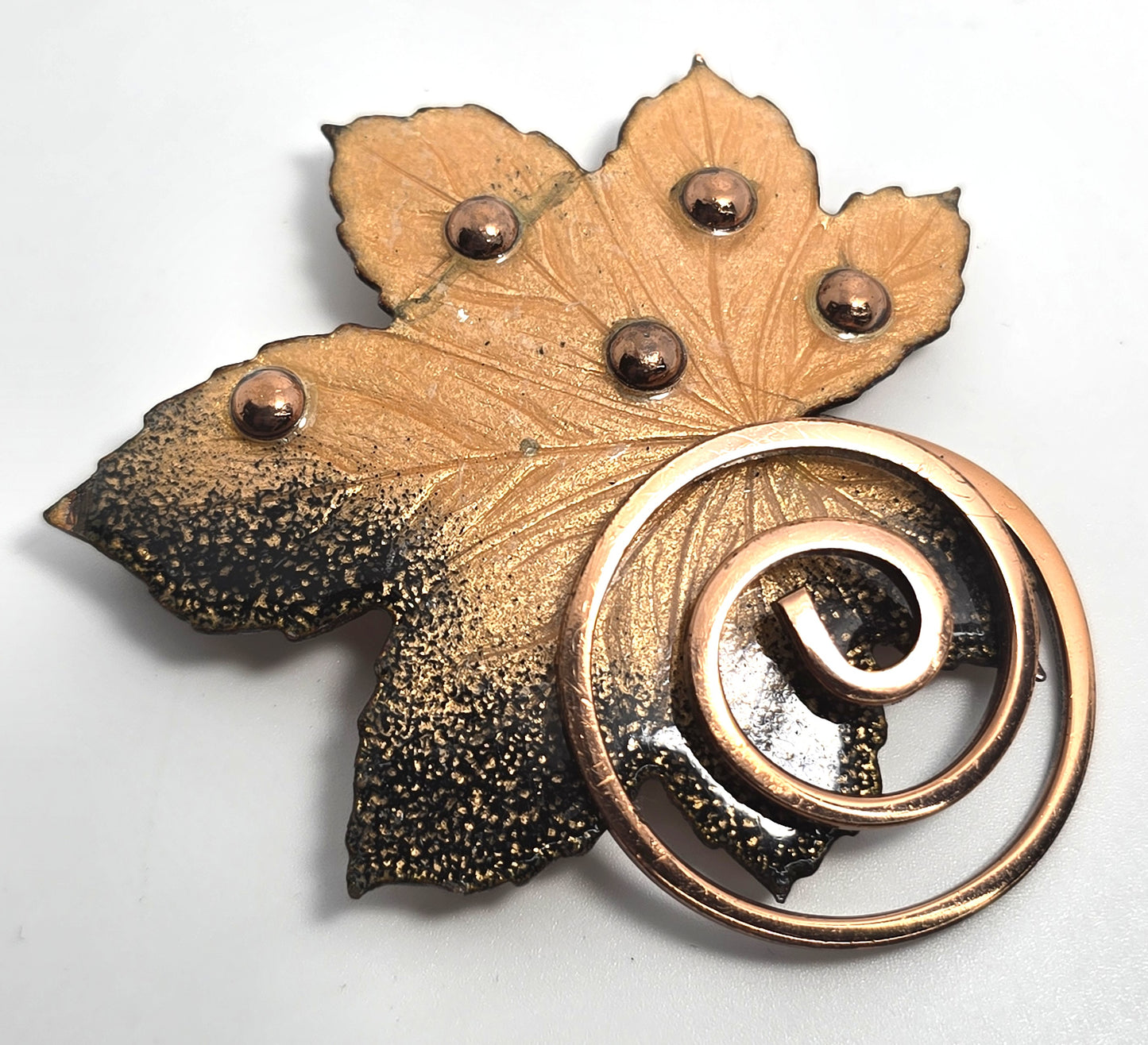 Renoir Matisse copper enamel whimsy swirl maple leaf signed brooch