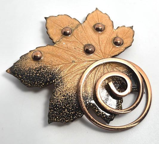 Renoir Matisse copper enamel whimsy swirl maple leaf signed brooch
