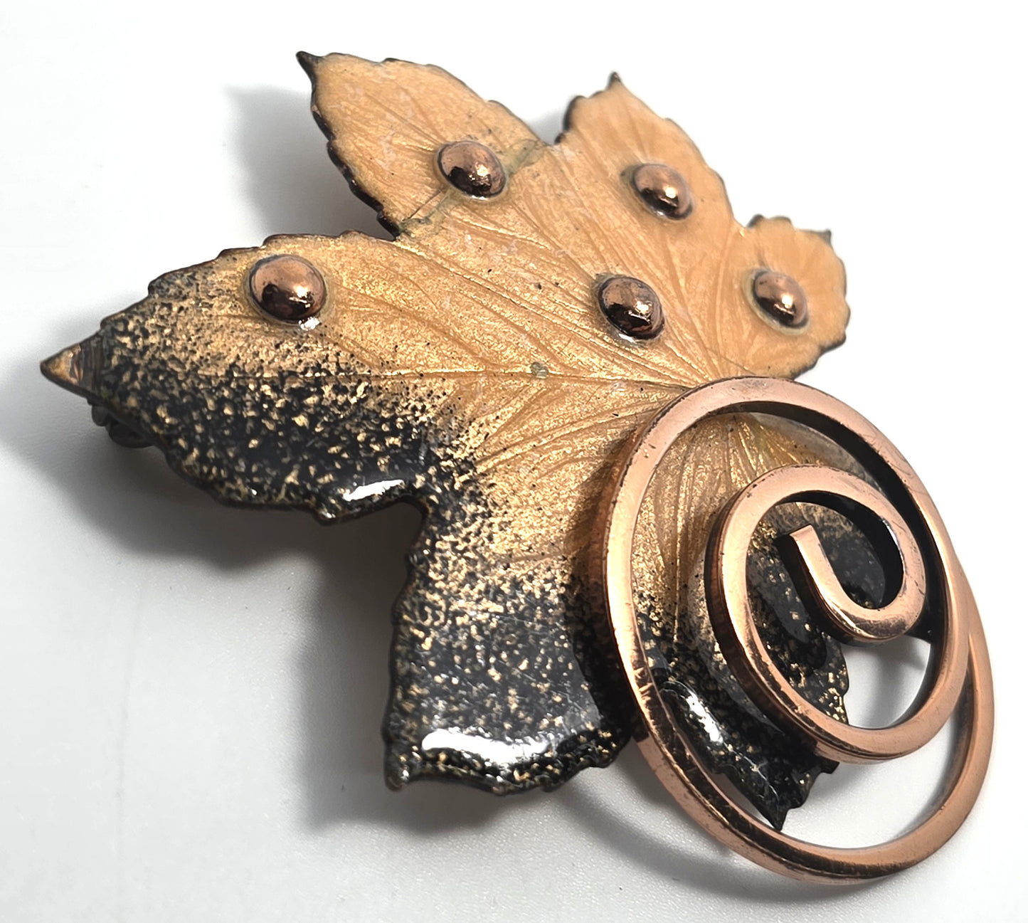 Renoir Matisse copper enamel whimsy swirl maple leaf signed brooch