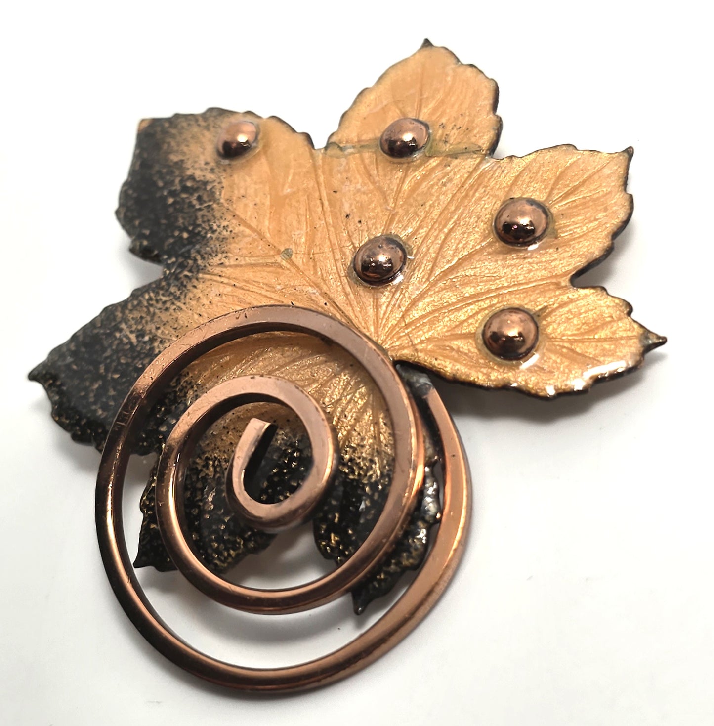 Renoir Matisse copper enamel whimsy swirl maple leaf signed brooch