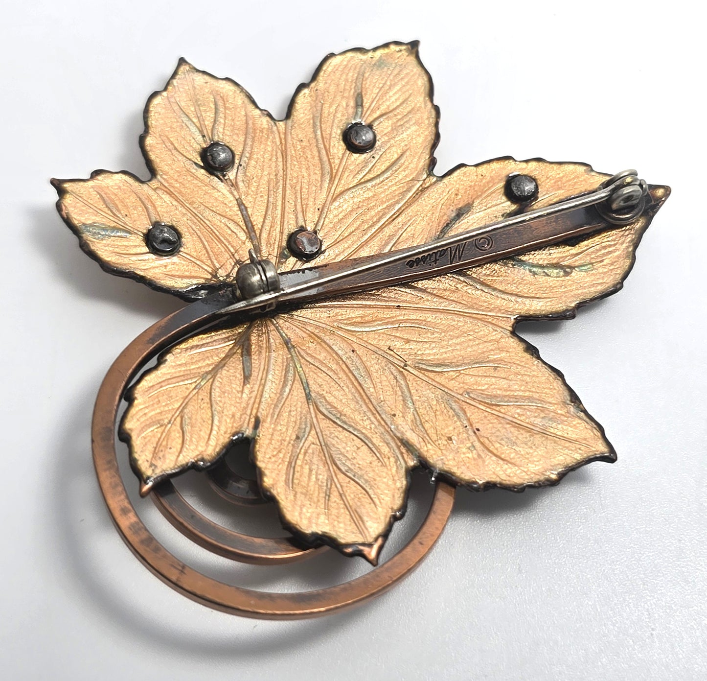 Renoir Matisse copper enamel whimsy swirl maple leaf signed brooch