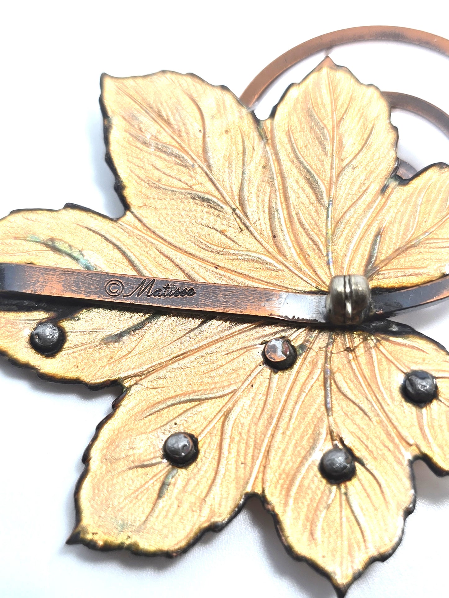 Renoir Matisse copper enamel whimsy swirl maple leaf signed brooch
