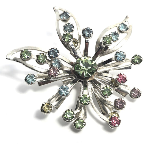 Fruit Salad Rainbow open work silver flower mid century rhinestone brooch