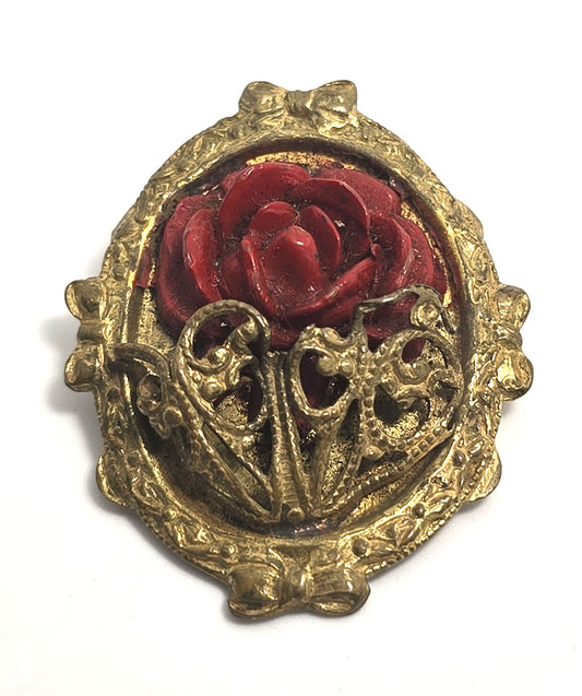 Red rose flower gold framed with bow accents vintage brooch