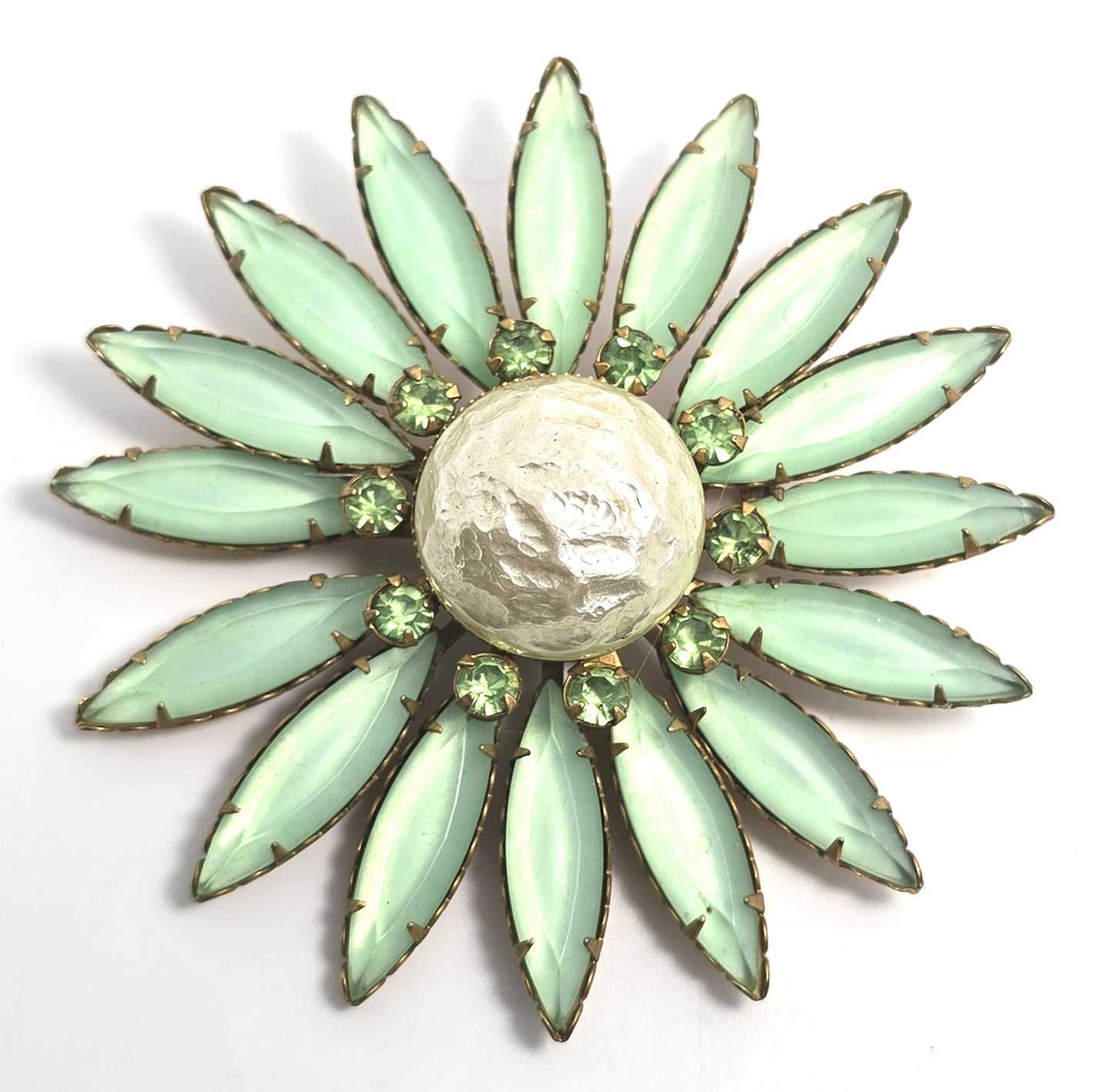 Green satin and uranium glass rhinestone atomic flower vintage brooch mid century
