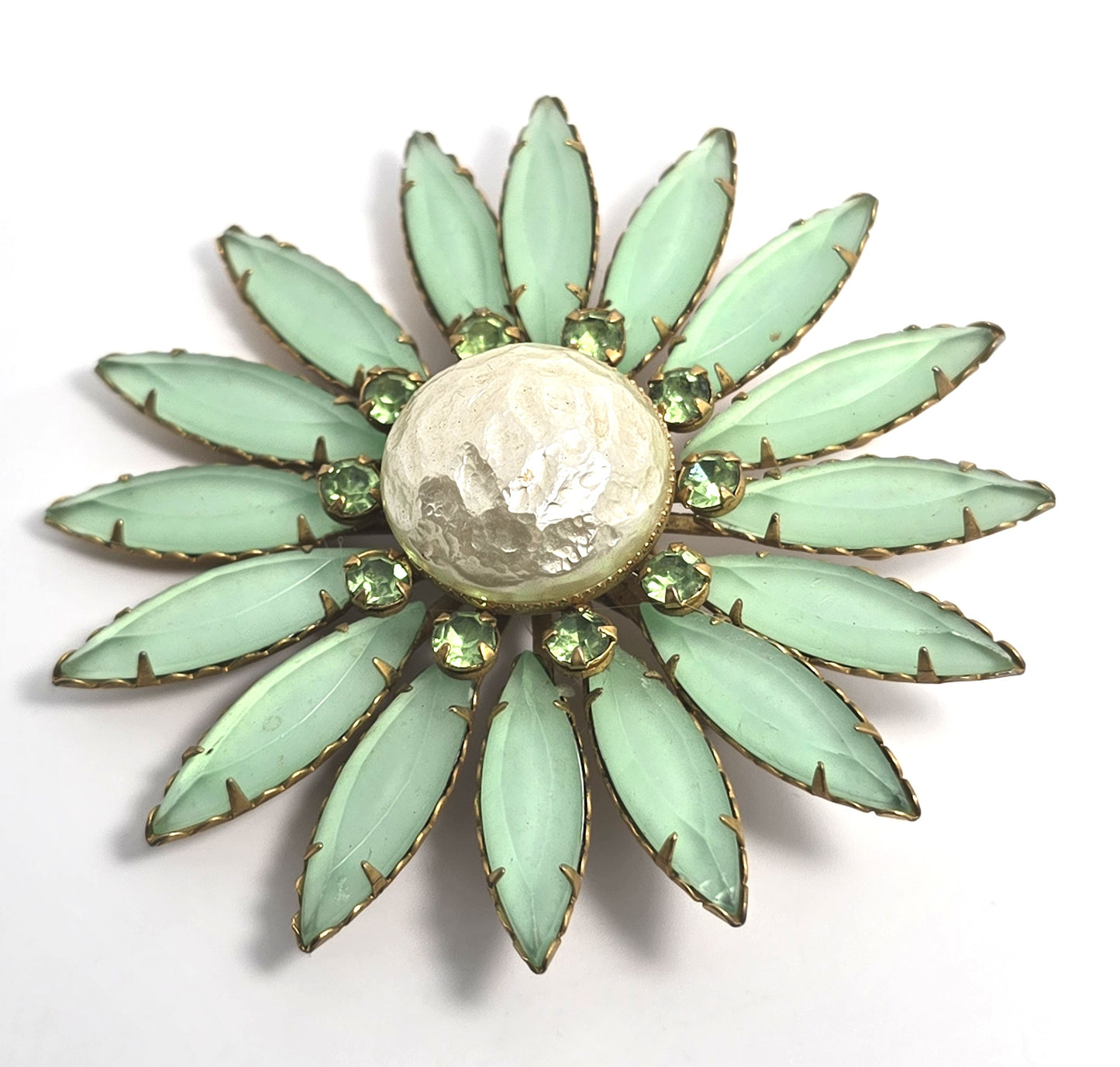 Green satin and uranium glass rhinestone atomic flower vintage brooch mid century