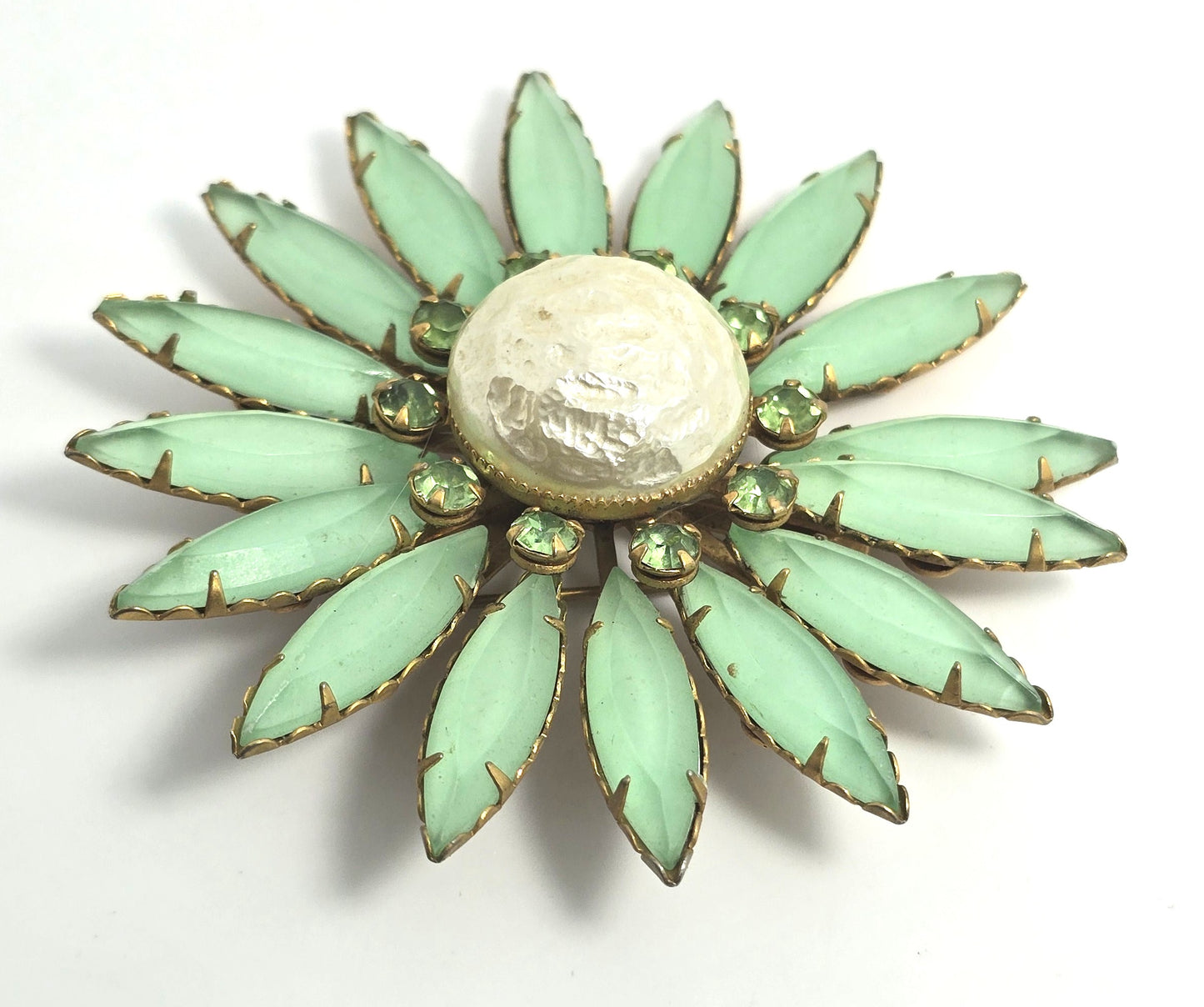 Green satin and uranium glass rhinestone atomic flower vintage brooch mid century