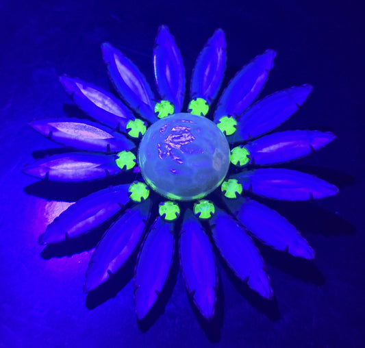 Green satin and uranium glass rhinestone atomic flower vintage brooch mid century