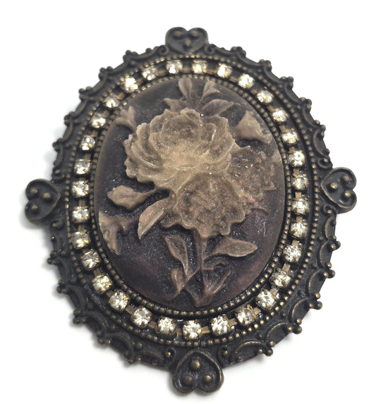 Rhinestones and roses resin cameo heart framed vintage inspired brooch