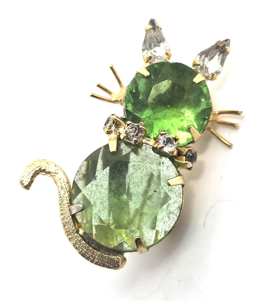 Bright green rhinestone kitty cat with collar figural vintage rhinestone brooch
