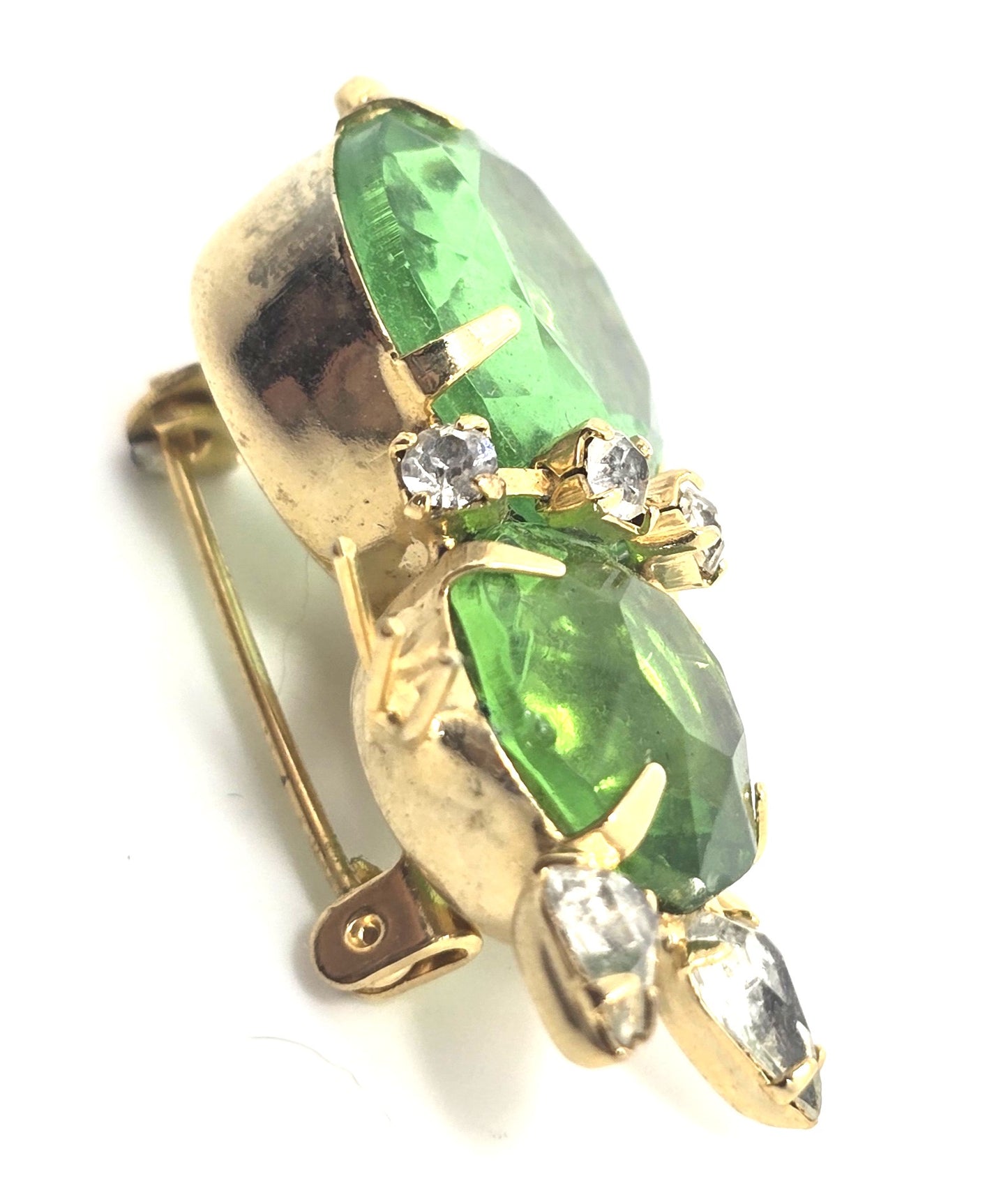Bright green rhinestone kitty cat with collar figural vintage rhinestone brooch