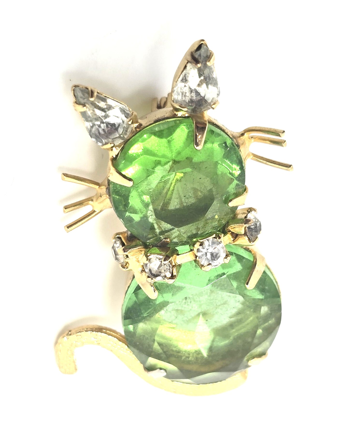 Bright green rhinestone kitty cat with collar figural vintage rhinestone brooch