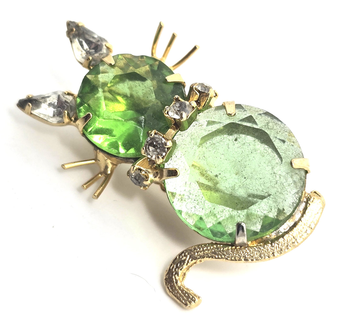 Bright green rhinestone kitty cat with collar figural vintage rhinestone brooch