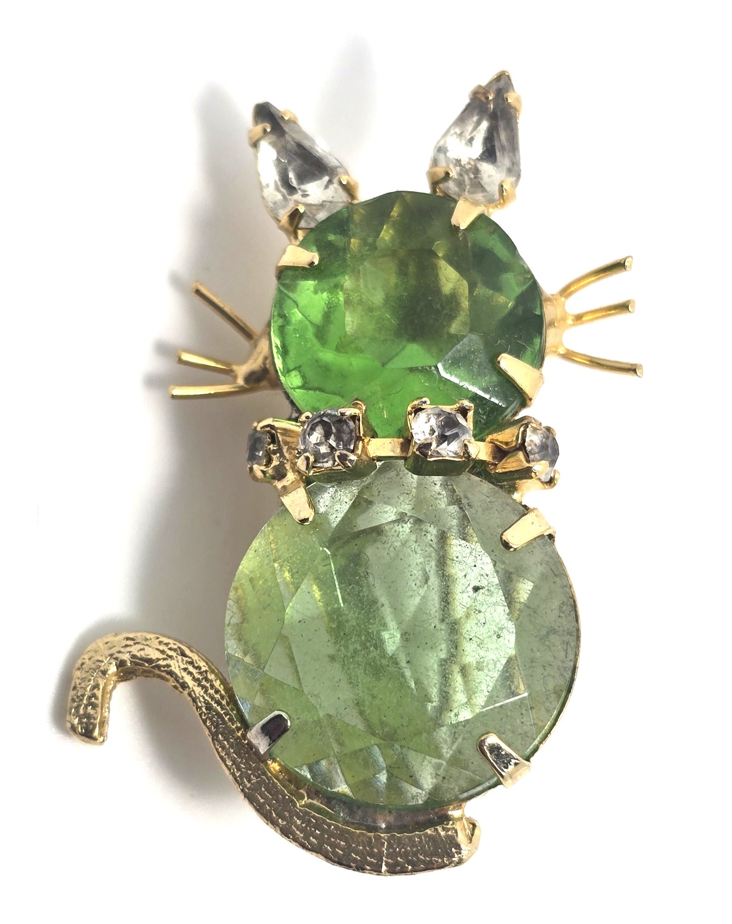Bright green rhinestone kitty cat with collar figural vintage rhinestone brooch