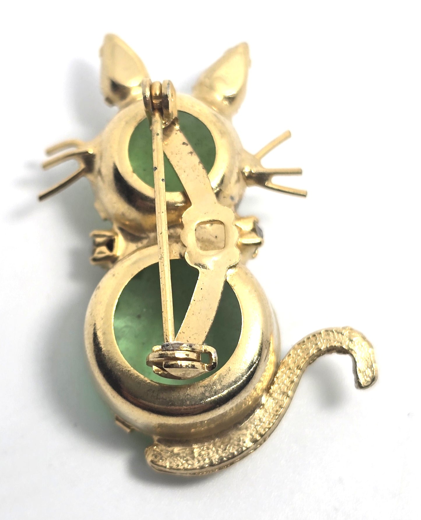Bright green rhinestone kitty cat with collar figural vintage rhinestone brooch