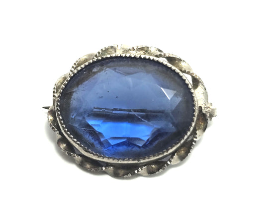 Cobalt blue glass silver toned twisted frame antique Czech glass brooch pin